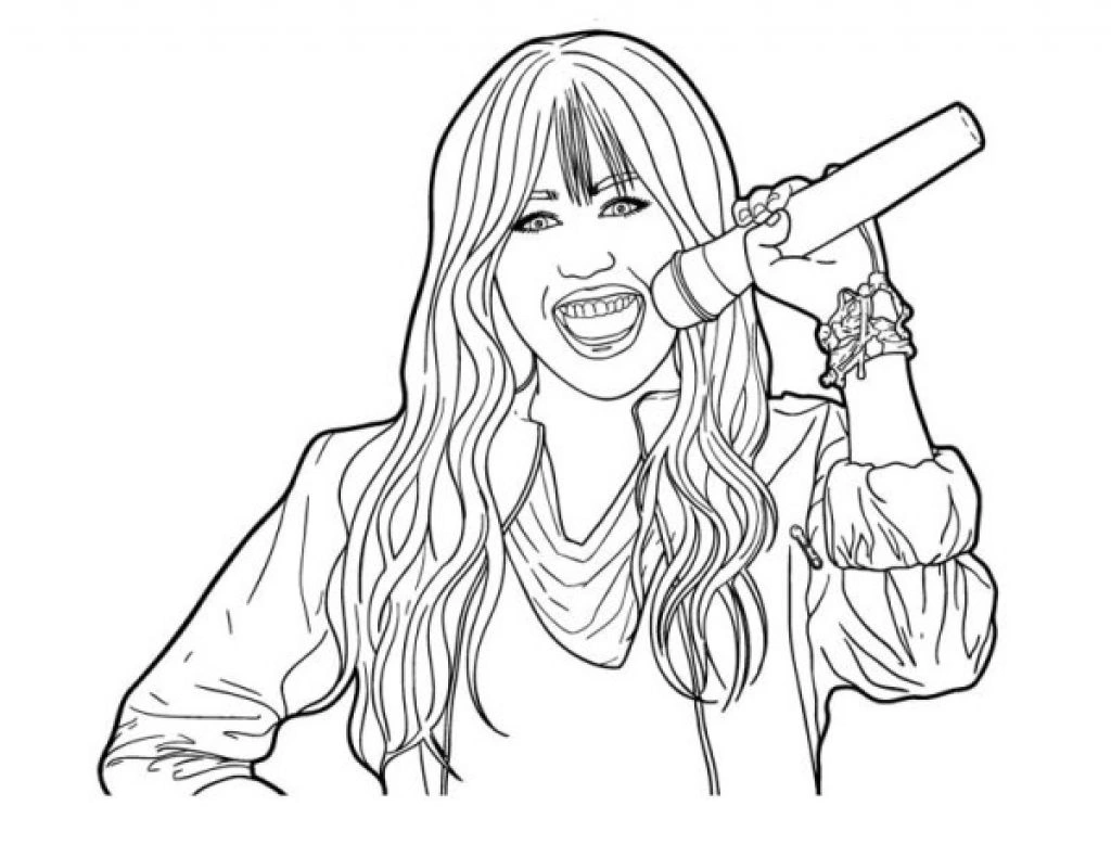 Hannah Montana is singing into a microphone coloring page